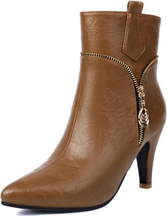 Generic Womens Vintage Ankle Boots with Pointed Toe & 8.5CM Stiletto Heel, Decorative Zipper Detail for Fall and Winter,Yellow,6.5 UK