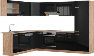 Vicco Cocina Esquinera R-line, Roble Negro/dorado De Alto Brillo, 227 X 287 Cm, Et Roble