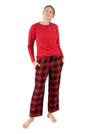 Leveret Womens Cotton Top & Flannel Pants Printed Holiday Pajama Set in Plaid Black & Red at Nordstrom, Size 6X-Large