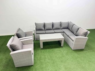 Fimous Rattan Furniture Set 5 Pieces Outdoor Sofa Coffee Table with 2 Chairs in Light Grey