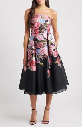 Eliza J Pleated Strapless Jacquard Cocktail Dress in Black Multi at Nordstrom Rack, Size 10