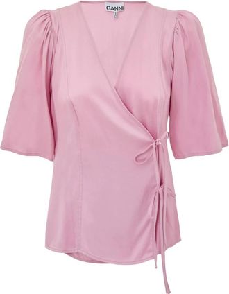 Ganni Roze Satijnen Kruisvoorkant Top - Dames - Blouses - Roze - S - Satijn - Overhemden