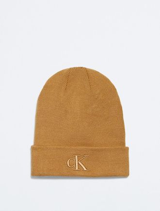 Calvin Klein Mens Monogram Logo Beanie - Brown