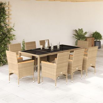 vidaXL Set Comedor Jard&iacute;n 9 Pzas Cojines Rat&aacute;n Sint&eacute;tico Vidrio Beige Vidaxl