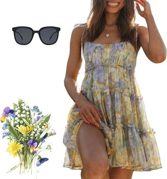 Generic Women Floral Mini Dress, 2025 Casual Summer Spaghetti Strap Boho Sundress, Cute Y2K Chiffon Flowy Ruffle Tiered Dresses (01,L)