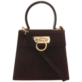 Ferragamo Pre-owned Handbags, female, Brown, Size: ONE SIZE Pre-owned Gancini Suede 2way Bag
