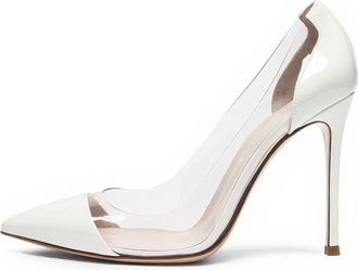 EDEFS Womens Stiletto Heel Pumps 4 Inch High Heel Slip On Design Pointed Toe with Transparent Clear PVC & Patent Leather Work Wedding Party Outfits White UK