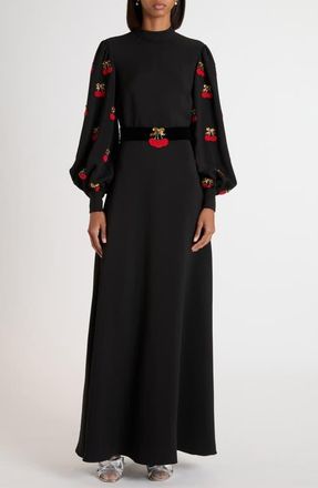 Valentino Garavani Cherryfic Beaded Long Sleeve Silk Gown in Black/Cherry at Nordstrom, Size 4 Us