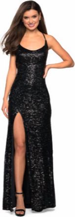 La Femme Sequin Open Back Prom Dress In Black