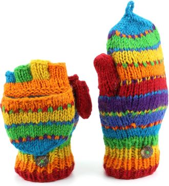 Loud Elephant Chunky Wool Knit Fingerless Shooter Gloves - Stripe - Rainbow