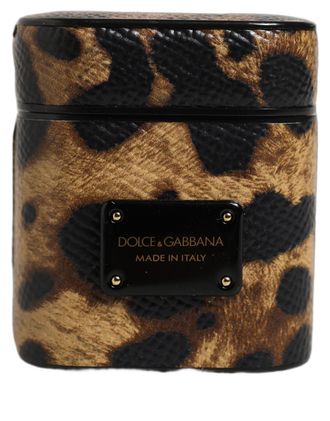 Dolce & Gabbana Brown Leopard Calf Leather Metal Logo Plaque Airpods Case Accessory