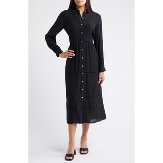 Cloth & Stone Ladder Stitch Long Sleeve Midi Shirtdress in Black at Nordstrom Rack, Size X-Small