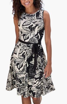 Lascana Womens Belted Floral Print Dress in Black & Ivory at Nordstrom, Size 14