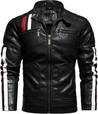 Generic Mens Black Faux Leather Moto Jacket with Red & White Stripes,6 Zip Pockets, Vintage Biker Jacket Coat for Casual Slim Fit Zipup Windbreaker (Black, M)