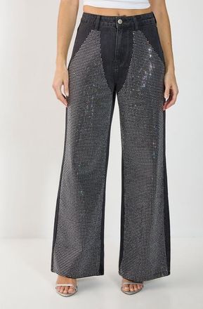 NASTY GAL Diamante Denim Chap Jeans in Washed Black at Nordstrom, Size 14