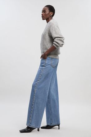 Karen Millen Womens Denim Studded Wide Leg Trouser - Light Blue Cotton - Size 14 UK