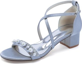 Generic Women Low Heel Bridal Shoes Open Toe Pearl Block Heels Wedding Shoes Crisscross Ankle Strap Satin High Sandals 4.5Cm,Silver,10 UK
