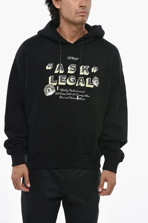 Off-white Brushed Cotton Printed Hoodie with Rhinestone Detail Off-White