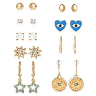 Jessica Simpson Gold-Tone Evil-Eye, Heart & Star Stud & Hoop Earring Set, 9 Pairs in Gold Tone at Nordstrom