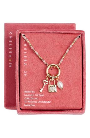 Chelsea28 Demi Fine Cubic Zirconia Bead Lock Charm Necklace in Blush Multi- Gold at Nordstrom