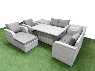 Fimous 7 Seater Outdoor Reclining Chair Love Sofa Set Rattan Garden Furniture Set w/ Adjustable Lifting Dining or Coffee Table Footstool 2 Side