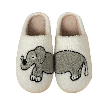 Generic Cozy Cotton Elephant Embroidered Slippers, White and Grey, Padded Thickened Design, Indoor Outdoor Use, Machine Washable
