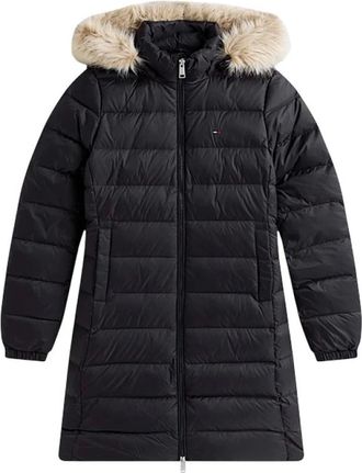 Tommy Jeans Donsjas met capuchon en imitatiebontkraag - Dames - Mantels - Zwart - Maat: L Nylon