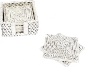 Caspari Rattan Square Coaster And Holder Set In Cream