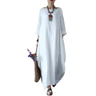Generic Womens Cotton Long Sleeve Maxi Linen Dress with Pockets Loose V-Neck Pleated Linen Maxi Dress Layered Boho Casual Long Casual Dress Retro Kaftan Loose