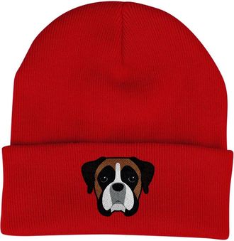 Bang Tidy Clothing Boxer Beanie Hat - Dog Lovers Gifts for Women Men - Knitted Ladies Winter Hats - Embroidered - Acrylic - Red
