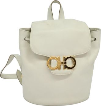 Ferragamo Gancini Flap Drawstring Backpack Leather White Leather Backpack Bag (Pre-Owned)