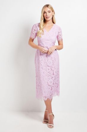 Wallis Womens Petite Lace Seam Detail Pencil Midi Dress - Lilac Polyamide - Size 10 UK