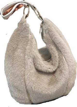 Generic Womens Plush Bags Plush Tote Bag Autumn Winter Women Casual Furry Handbag Large Capacity Soft Polyester Single Shoulder(Grey)