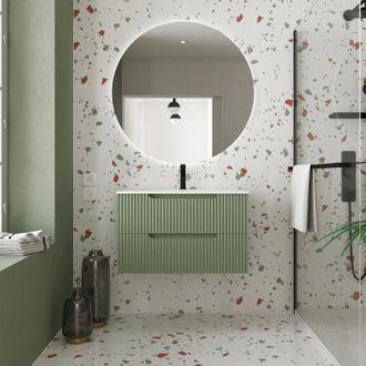 Aurlane Aurlane - Mueble De Ba&ntilde;o 80cm Verde Oliva - Cajones Mdf Ondulado - Lavabo Empotrable