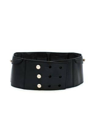 Chanel Faux Pearl Black Leather Logo Waist Belt