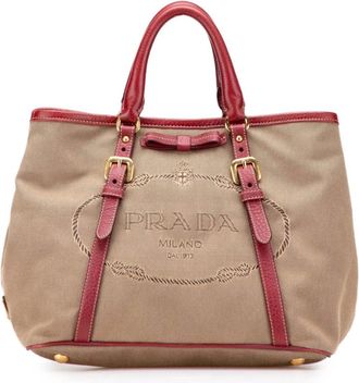 Prada Pre-owned Tote Bags, female, Brown, Size: ONE SIZE Pre-owned Canvas Leather Trim Handbag