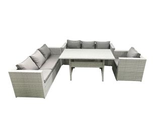 Fimous 4 Pieces Outdoor Rattan Sofa Set with Cushions Patio Garden Furniture Sets with Armchair Dining Table Light Grey Mixed