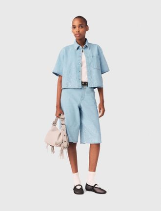 Maje Cropped Rhinestone Denim Shirt - Blue - Maje