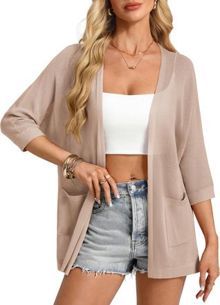Grace Karin Womens 3/4-Sleeves Open Front Cardigan Summer Casual Batwing Sleeve Lightweight Tops with Pockets Khaki S