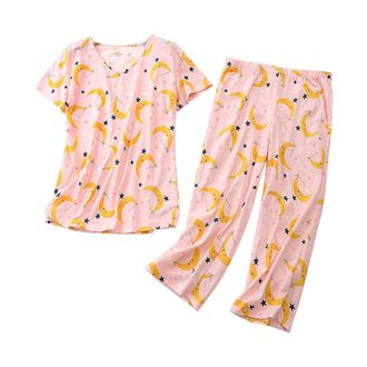 Generic 2 Pack Womens Cotton Pajama Sets Short Sleeve Sleepwear Tops with Capri Pants Summer Loungewear Pj Sets Womens Cute 2 Piece Set Comfy Summer Scoop Nec