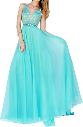 Sherri Hill Sleeveless Sheer Gown In Aqua