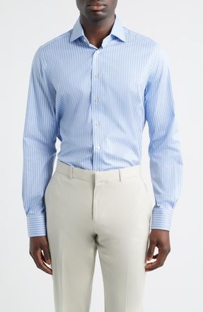 Emanuel Berg Modern Fit Stripe Natural Stretch Yoga Twill Dress Shirt in Bright Blue at Nordstrom, Size 47