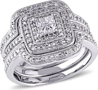 Mimi & Max 3/8ct TW Round and Princess Cut Diamond Quad Halo Bridal Set in Sterling Silver
