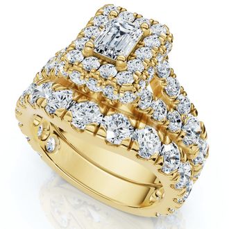 Pompeii3 4Ct TW Emerald Cut Halo Diamond Engagement Wedding Ring Set Lab Grown Gold