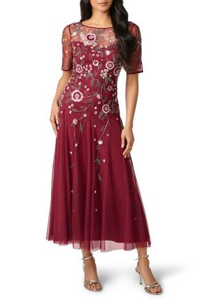 Adrianna Papell Beaded Flutter Sleeve Mesh Cocktail Dress in Mahogany at Nordstrom, Size 10