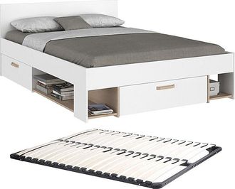 Vente-Unique Cama 140 x 190/200 cm con compartimentos - blanco y natural + Somier - KINSELIA