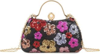 Girly HandBags Womens Floral Sequin Evening Clutch Bag with Top Handle and Chain Strap - Party, Wedding and Cocktail Purse Medium Black