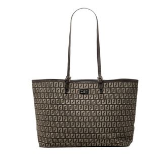 Fendi Zucchino Beige Brown Canvas Leather Shoulder Bag Tote Bag (Pre-Owned)