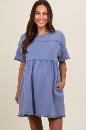 Pinkblush Raw Hem Short Sleeve Dress in Blue at Nordstrom, Size Medium