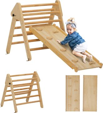 OEM Tri&aacute;ngulo De Escalada De Madera 3 En 1 Con Rampa Para Deslizarse O Escalar 147x64,5x63 Cm Natural